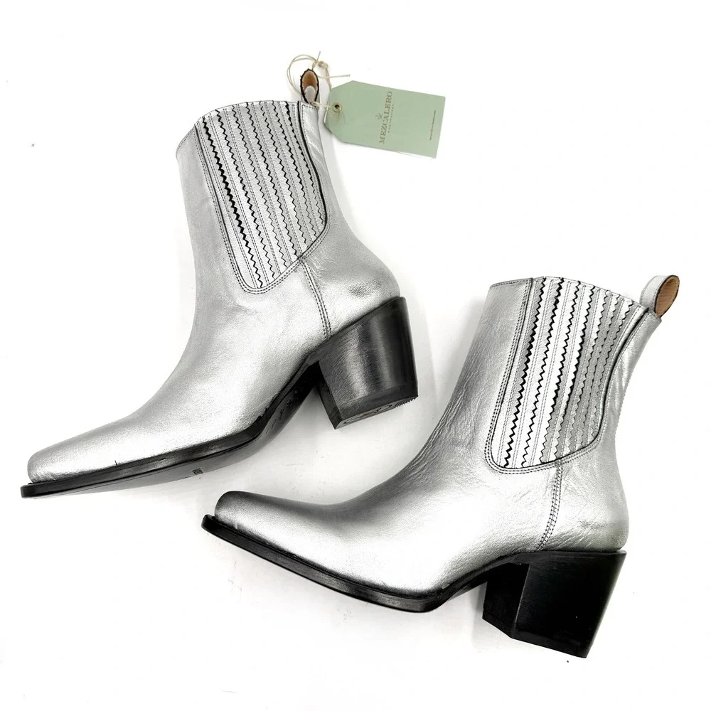 Mezcalero Ady Nuez Boot Silver Leather Western Pointed Toe Womens Sz 8.5 US